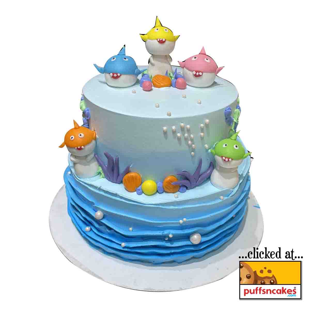 (1354) Baby Shark Aqua Theme Semi Fondant Cake